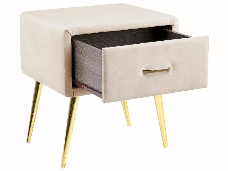 Beliani Mesa De Noche De Terciopelo Beige Claro/dorado 46 X 38 Cm FLAYAT 6 Beliani Mesa De Noche De Terciopelo Beige Claro/dorado 46 X 38 Cm FLAYAT - Imagen 6