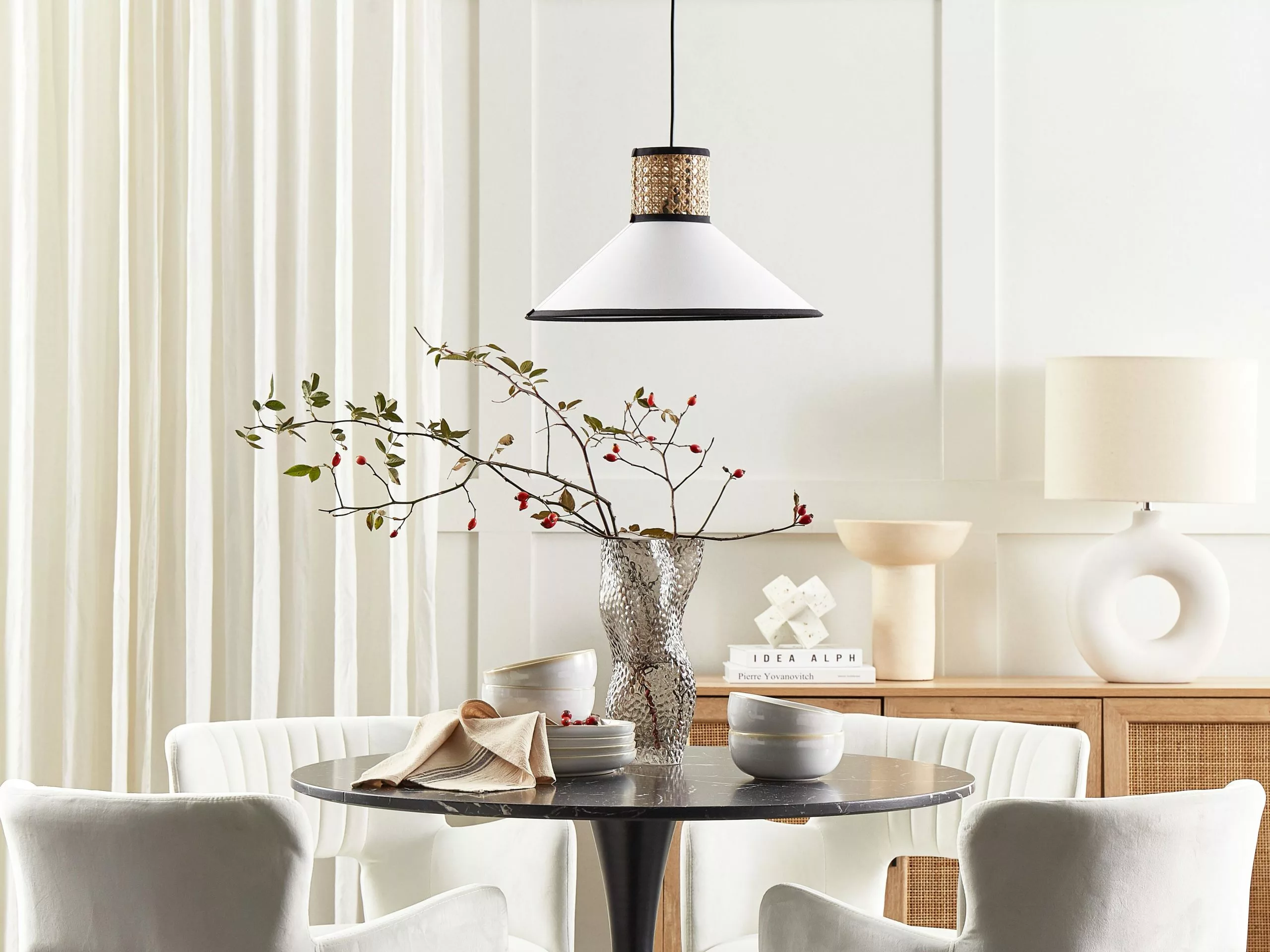 Beliani Lámpara De Techo De Poliéster/ratán/algodón Natural/blanco/negro 188 Cm MANTUA 2 Beliani Lámpara De Techo De Poliéster/ratán/algodón Natural/blanco/negro 188 Cm MANTUA - Imagen 2